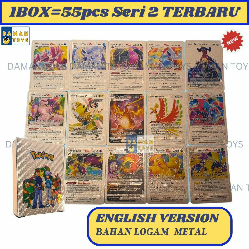 Kartu Pokemon 1 box 55pcs Charizard Pikachu cards Bahan Metal Emas Silver Bahasa English