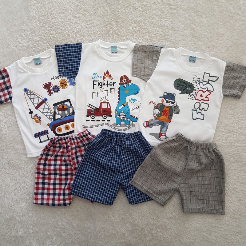 Paket isi 3 Baju Bayi Cowok Setelan Kaos Kartun set