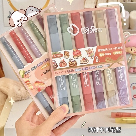 

6 Pcs/set Ganda Kepala Ujung Lembut Pena Stabilo Set Morandi Retro Warna Marker Pen Berwarna Pena Lukisan Pen Journal Pen