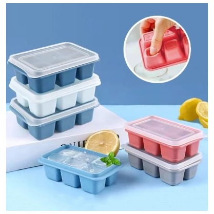DHIOSHOPI - Cetakan Es Batu 6 Kotak Silicone Dengan Penutup / Alat Pencetak Puding Agar-Agar Jelly Cokelat Yogurt Anti Pecah / Ice Cube Mold Square Food Grade / Wadah Tempat Cetak 6 Sekat Silikon Unik Serbaguna