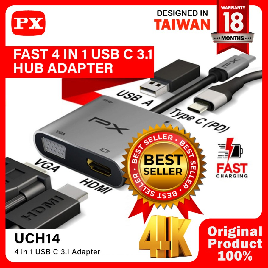 PX UCH14 Hub Converter Adaptor Type C 3.1 To HDMI VGA USB 4 in 1 4K