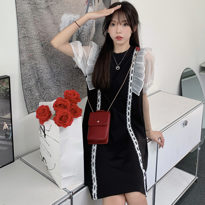 yikoo-Midi dress korea gaun temperamen jaring tambal sulam wanita dres