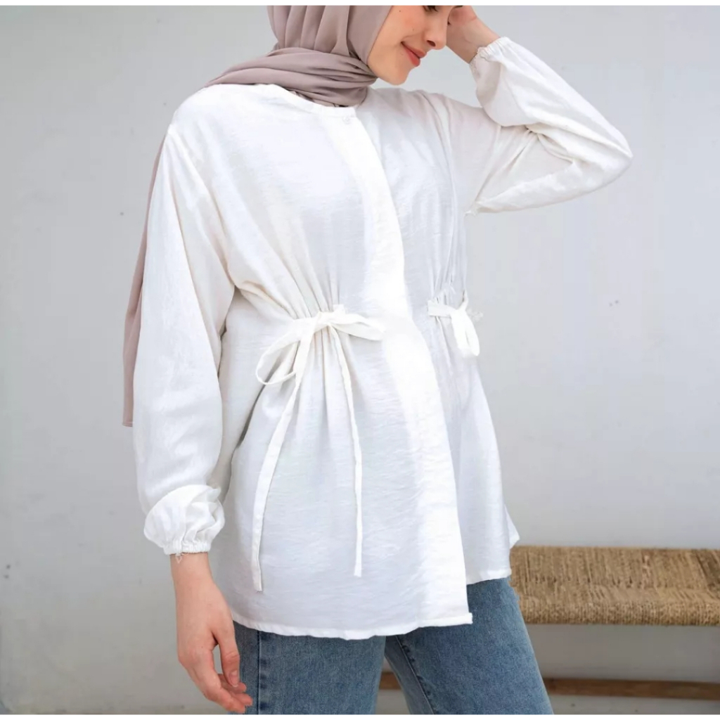 ALBINA BLOUSE POLO LINEN - KEMEJA TUNIK TALI KERUT PINGGANG - ATASAN WANITA MUSLIM - KEMEJA BLOUSE WANITA