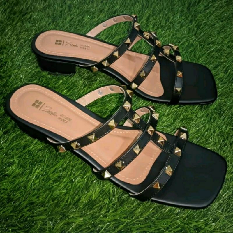 BIG SiZE Woman 41-42-43-44-45 Sandal Slop Wanita VLTN-427 Black Casual Pesta Size JUMBO Sandal Heels Cantik