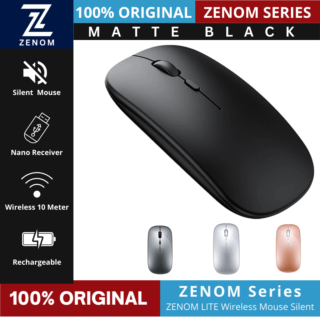 Mouse Wireless ZENOM Lite Rechargeablem Silent Click 2.4Ghz 1600 DPI dengan Receiver USB untuk PC Laptop