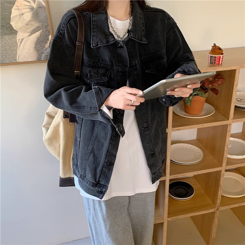 Kelabu hitam Oversize Denim jackets Wanita Korea Style