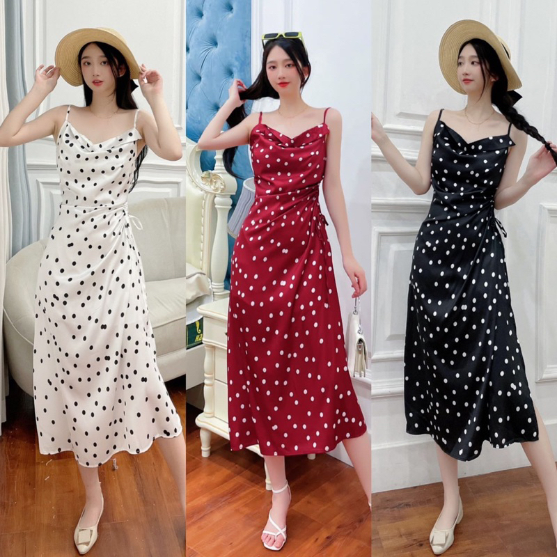 JOYIES Mishil Dress Korean Polkadot Silk Mewah Elegant Dinner Sexy Sleeveless Formal Acara Malam Kon
