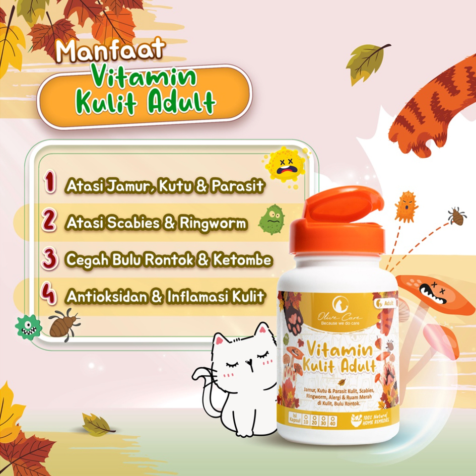 Olive Care Cat Vitamin Kulit Adult - Obat Kucing Jamur,Bulu Rontok,Scabies,Radang Kulit,Ringworm dan Parasit Kulit Kucing Dewasa