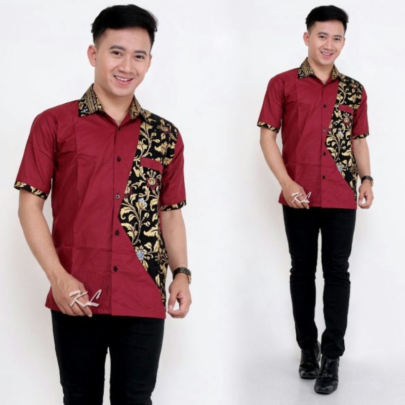 MURAH BATIK KEMEJA HEM PRIA MOTIF PRADA KOMBINASI MERAH BAJU M L XL