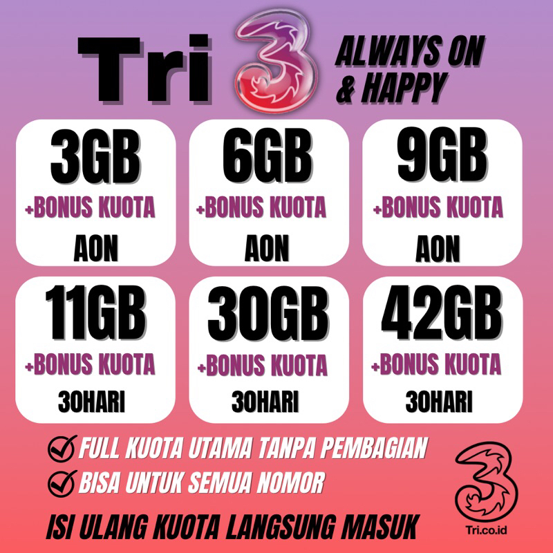PAKET DATA KUOTA TRI UNLIMITED AON HAPPY FULL 24 JAM MURAH