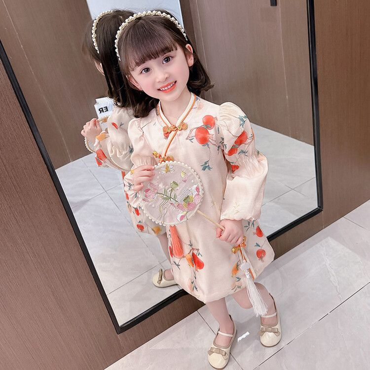 Dress Cheonsam Panjang Anak Perempuan Motif Pomegranate Orens Lampion Krincing