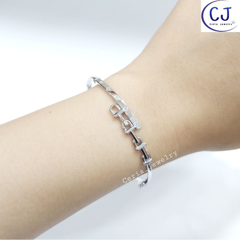 Gelang Tangan Wanita Perak Asli Silver 925 Lapis Emas Putih Model Bangle Bulat Cart'ir Silang - Perhiasan Perak Asli