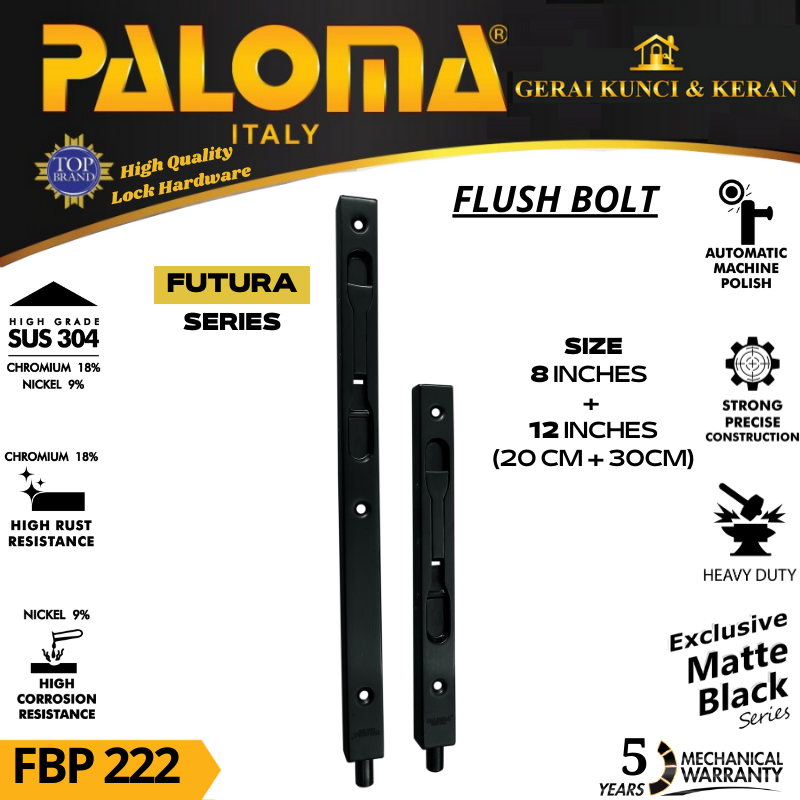 PALOMA FBP 222 GRENDEL TANAM FLUSH BOLT FUTURA 8&quot;+12&quot; MATTE BLACK