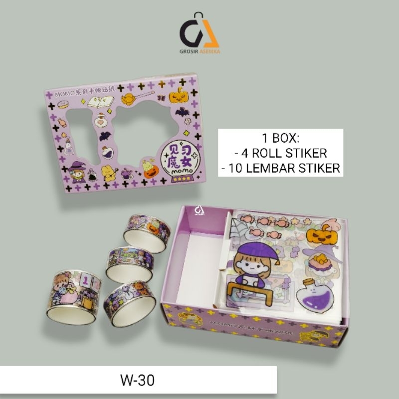 Washi Tape 4 Roll + 10 Lembar Stiker MOMO Set Box