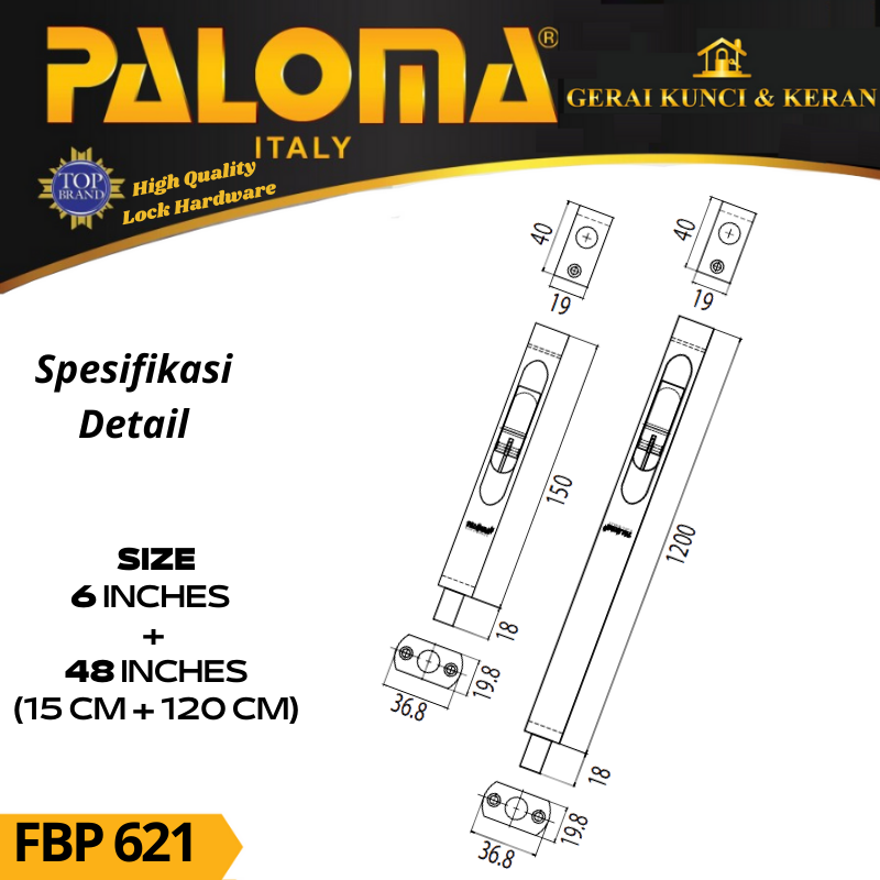 PALOMA FBP 621 SLOT PINTU GRENDEL TANAM 6+48 INCH ( 15+120 CM ) GOLD EMAS PB