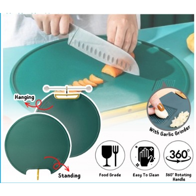 DHIOSHOPI - Talenan Bulat Anti Jamur 2in1 / Alas Tatakan Pemotong Daging Ikan Buah Sayuran Roti / Cutting Board Anti Bacteria Anti Slip / Papan Talenan Bahan PE Dengan Pegangan Putar Serbaguna Lebar