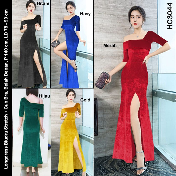 HC3044 Longdress Bludru Belah Depan + Cup Bra Stretch / Gaun Panjang Seksi / Longdress Sexy / Long Dress Polos / Longdress One Shoulder / Dress Panjang / Long Dress Beludru / Longdress Bludru / Longdres Velvet / Longdress Bludru