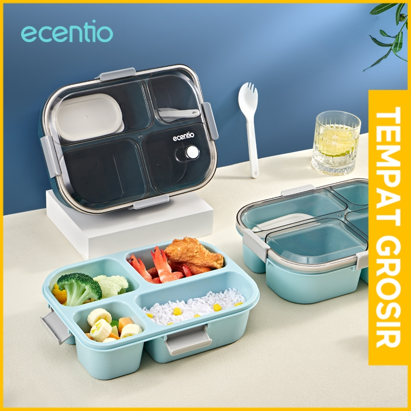 ecentio tempat makan anak 1300ml 4 grid tahan bocor bento box/kotak sup dan sendok gratis/tutup transparan/lunch box