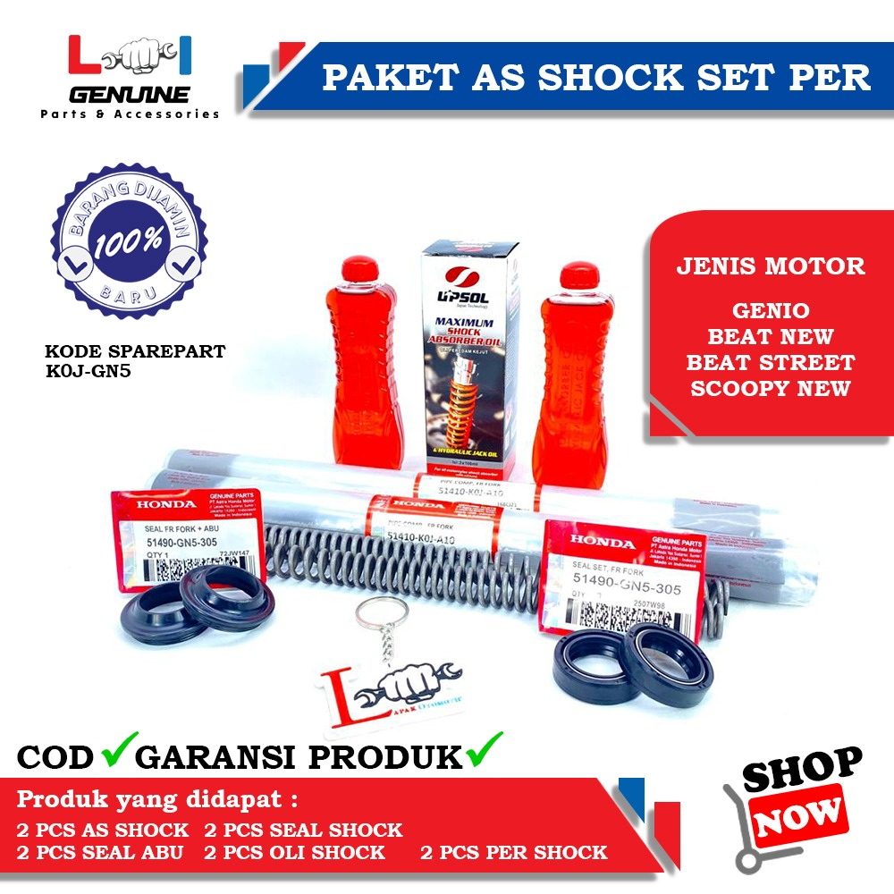 -LOI- PAKET AS SHOCK DEPAN SET PER DAN SULING SHOCK DEPAN GENIO, BEAT NEW LED, SCOOPY NEW LED &amp; BEAT STREET NEW LED K0J