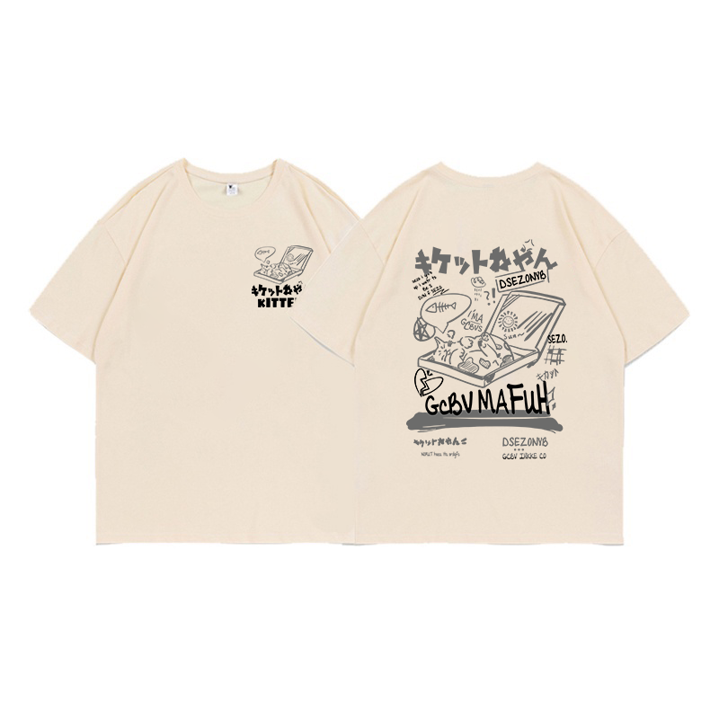 XiaoZhaiNv Kaos Atasan Wanita Kucing Tidur Kartun Pattern Lengan Pendek A0277/Korean Style