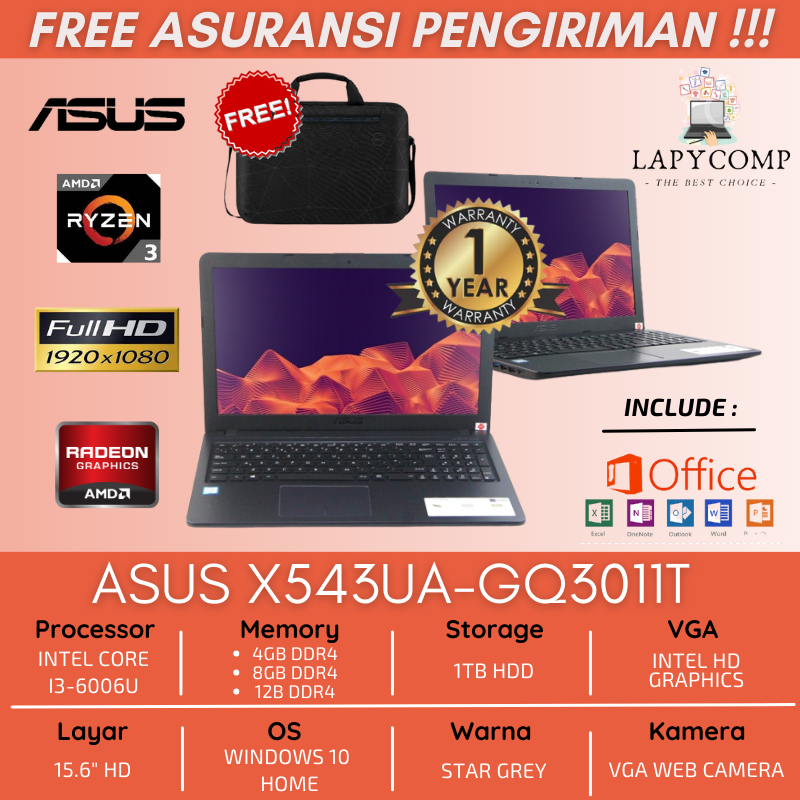 ASUS X543UA-GQ3011T INTEL i3-6006U DUAL SLOT RAM WINDOWS 10 HDD 1TB LAYAR 15.6&quot; - LAPTOP BARU