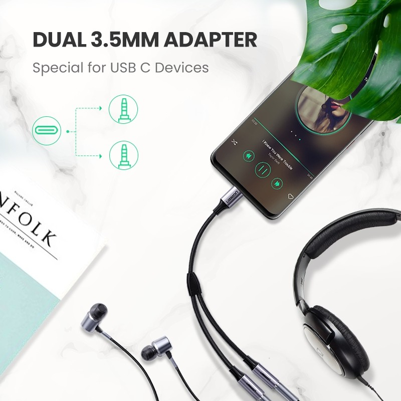 UGREEN Converter Splitter USB Type C to Dual Jack 3.5mm Audio Call MIC