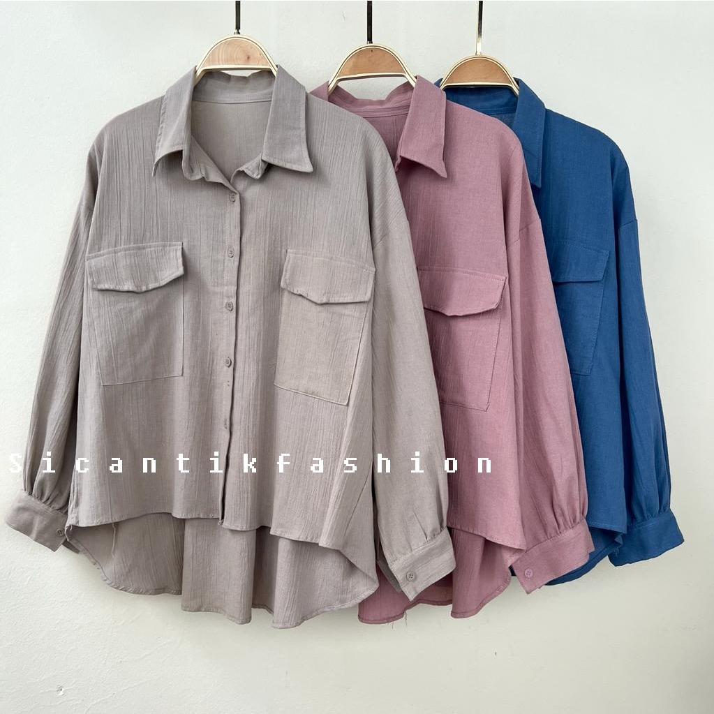 Kemeja Oversize Wanita Linen Crinkle  // Atasan Blouse Cewek Style Korean / Blouse linen / Kemeja Linen