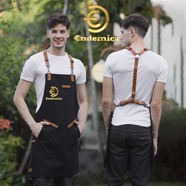 Apron barista Celemek cafe Apron barbershop  black denim &amp; synthetic leather crossback strep for barista/barbershop