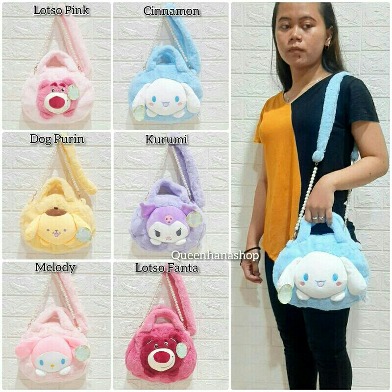 New Tas Selempang Boneka Tali Bulu Mutiara Karakter Tas Cewek