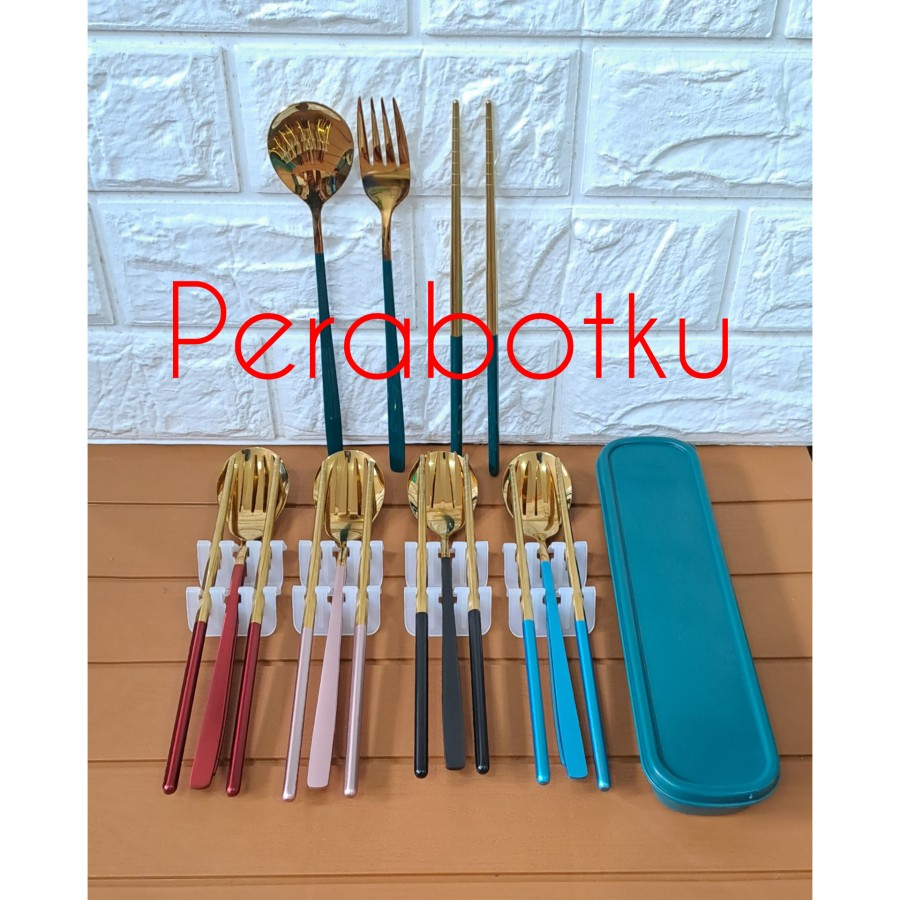 Sendok Garpu Sumpit Makan Set Korea Emas dan Tempat