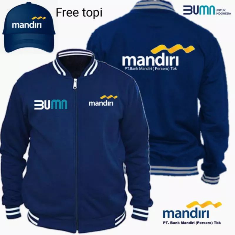 bank mandiri jaket varsity logo BUMN Bank mandiri gratis topi