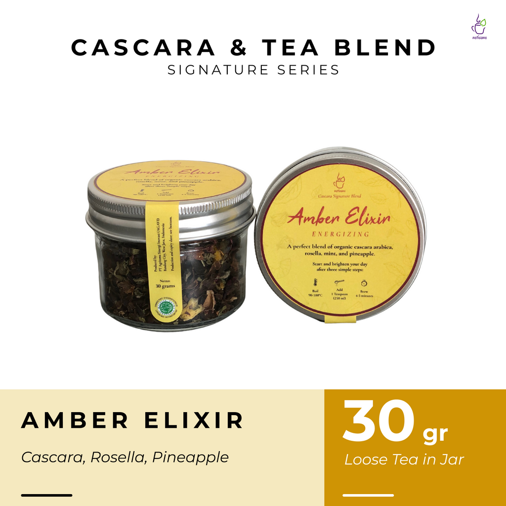 

Netisane Amber Elixir (Cascara, Rosella, Peppermint, dan Pineapple) | Netisane Cascara Signature Blend | Artisan Tea / Teh Herbal | (Loose tea in jar)