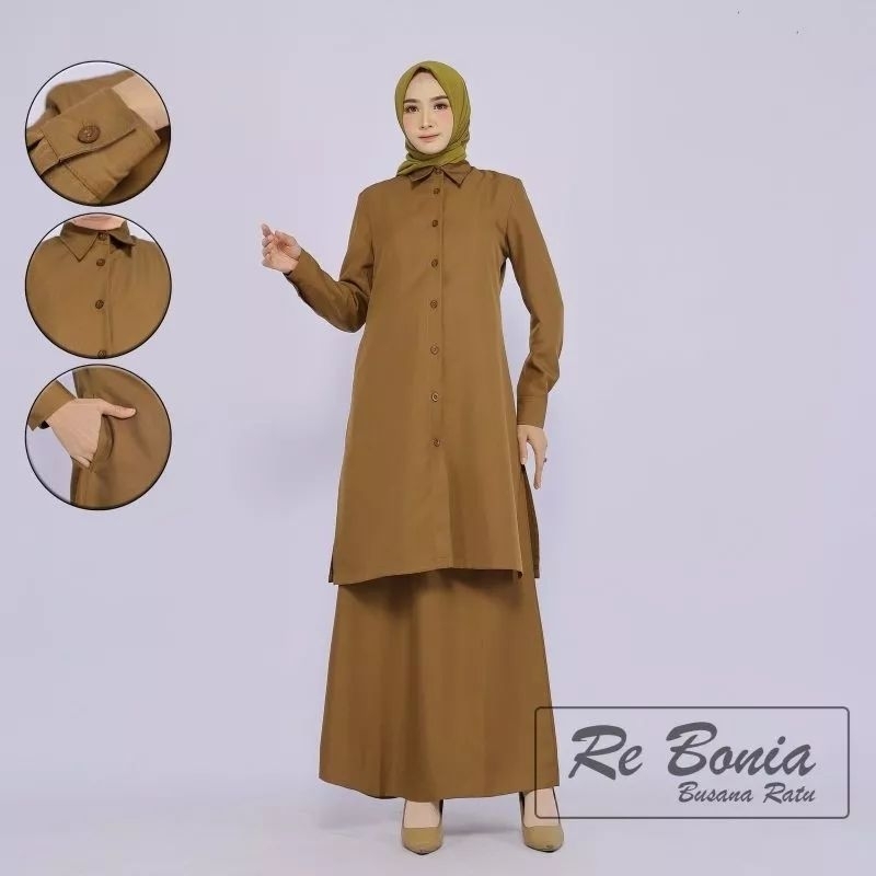 seragam tunik pemda rok A re bonia NON PURING/ seragam pdh kheki tua rok A/ setelan tunik rok A tanp