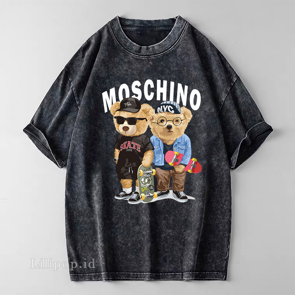 Kaos Baju Wash Tshirt Wanita MOSCHINO Pria Stone wash Baju Distro Basic Lengan Pendek unisex