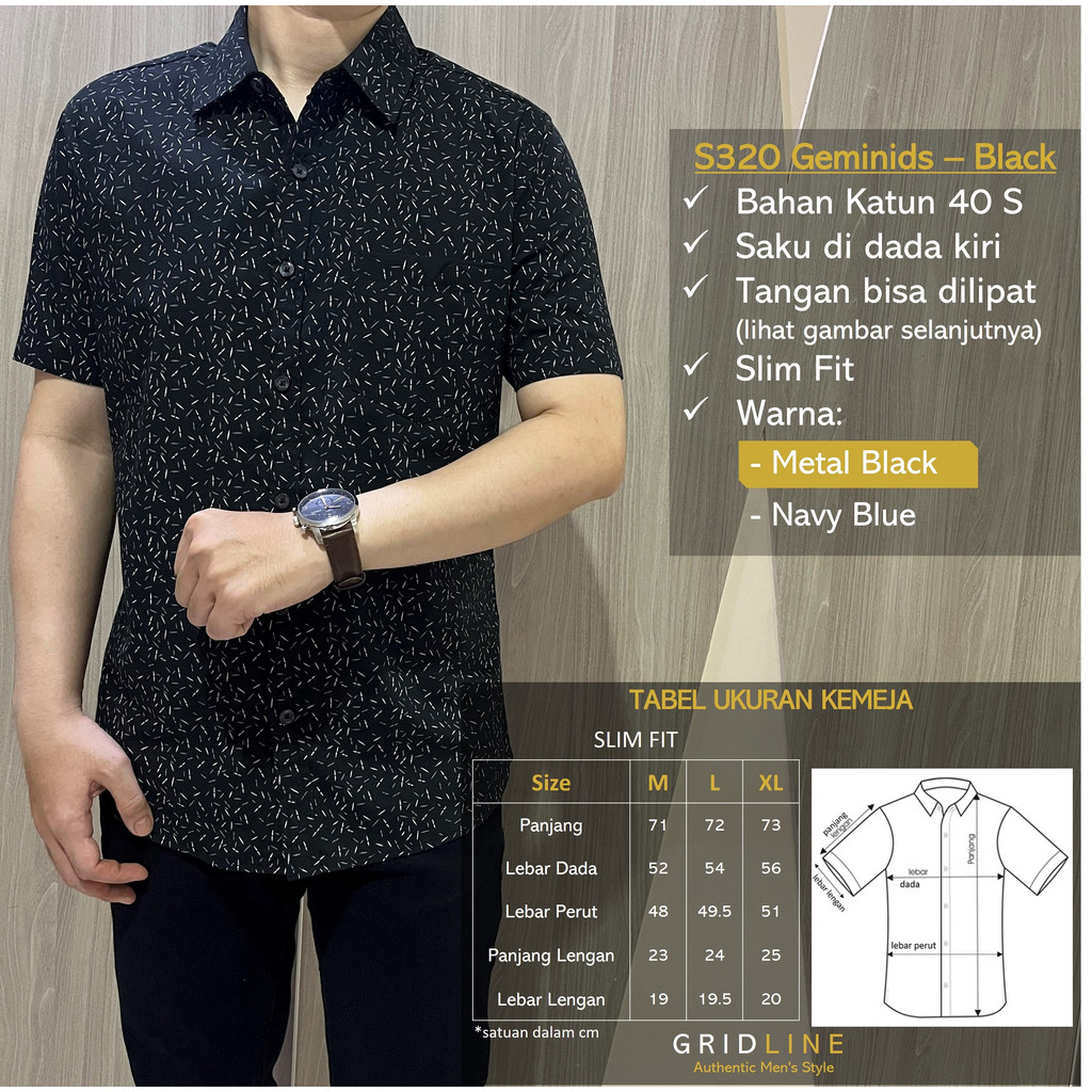 [GRIDLINE - S320 Geminids Metal Black &amp; Navy Blue] Kemeja Print Slimfit Pria Katun Lengan Pendek Casual M-XXL