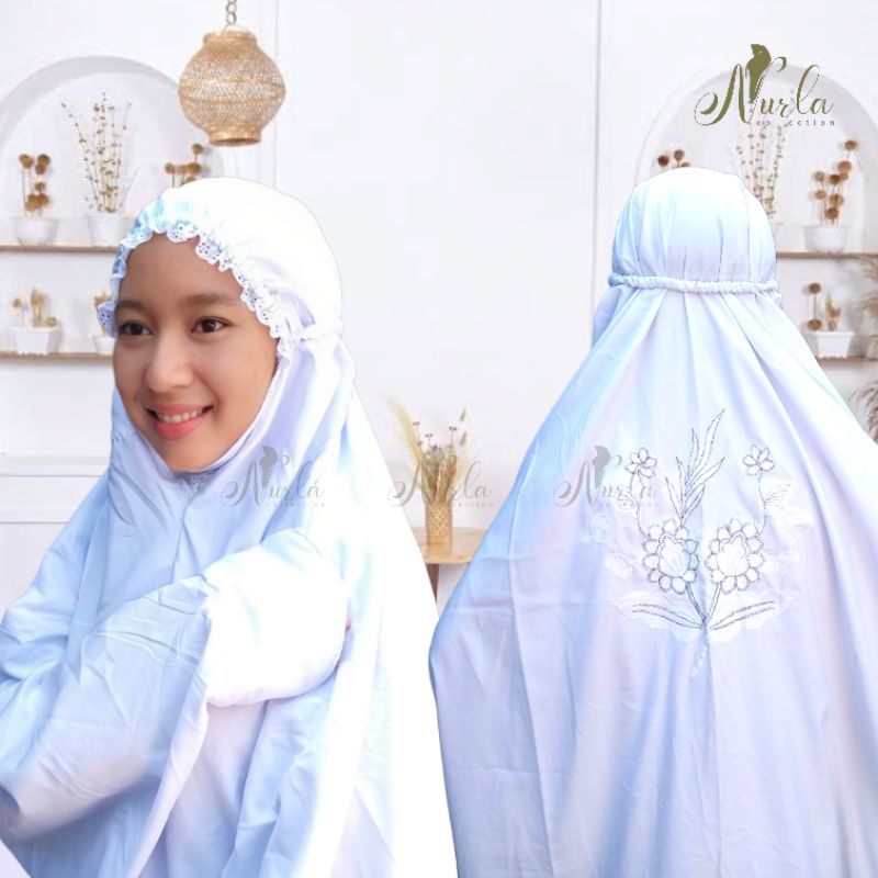 Mukena Terusan Bordir Bunga Ceplok Punggung, Bordir Pita Korea, Bordir Tenun Etnik Bordir Komputer K