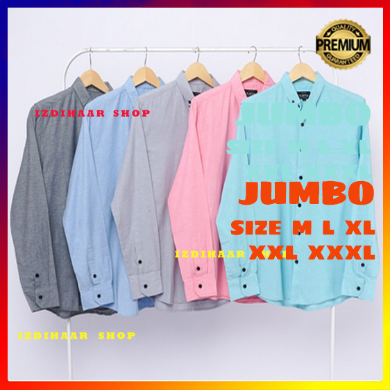 Kemeja Pria Lengan Panjang Polos Katun Warna Hitam Black JUMBO XXXL