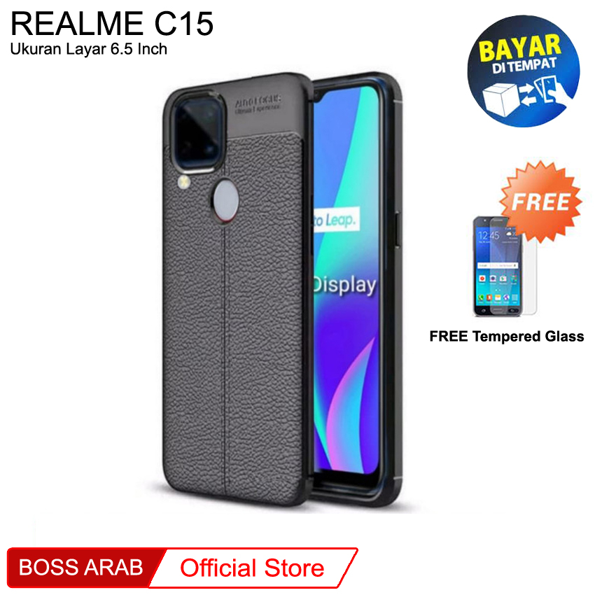 Case Auto Fokus Realme C15 (6.5") | Leather Soft Case Premium + FREE Tempered Glass