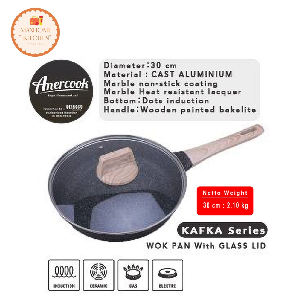Amercook Wajan set Kafka Wok Pan With Lid Gagang Kayu 30 cm