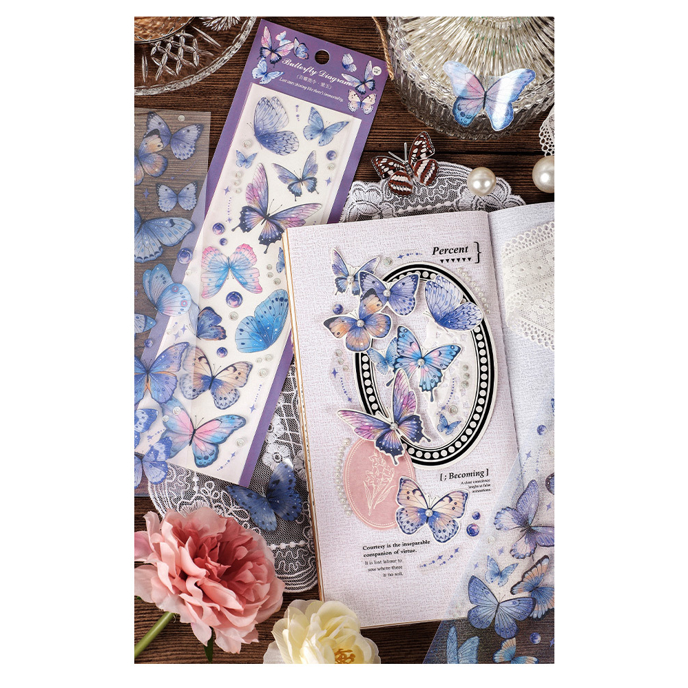 STICKER JOURNALING PET TRANSPARANT KUPU KUPU CLASSIC RETRO AESTHETIC ISI 3 LBR GLITTER HOLOGRAM @banyak