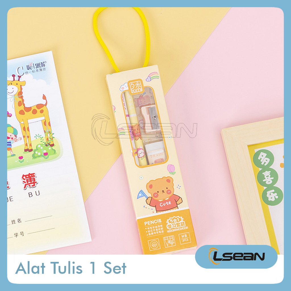 Stationery Set Alat Tulis Sekolah 5 in 1 Lengkap Pensil Penggaris Penghapus Rautan Lucu