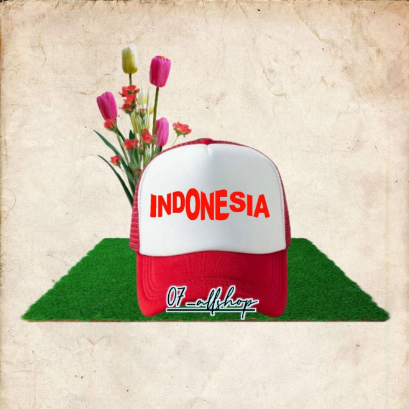 Topi Trucker Jaring Hat Cap Distro INDONESIA MERAH PUTIH Polos Custom Indonesia pria wanita