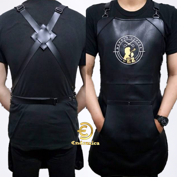 apron barista Celemek Cafe Apron barbershop Celemek cukur rambut full premium synthetic leather full black crossback path strep