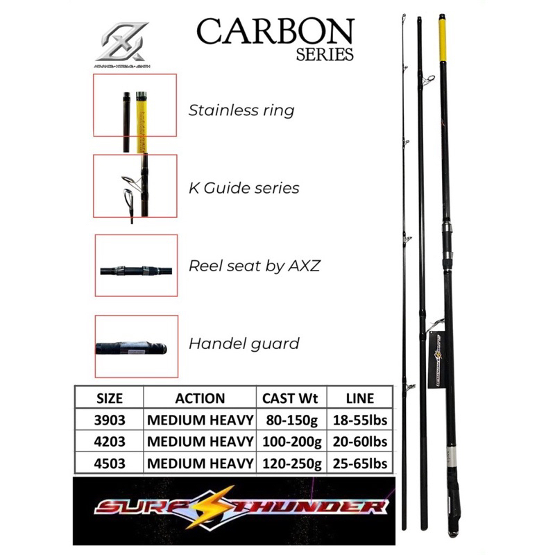 Joran Axz Surf Thunder Karangan Kaku 60LB Sambung 3 Carbon