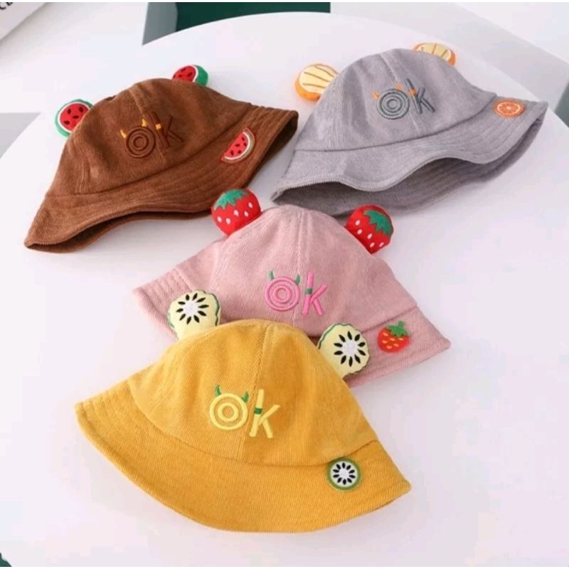 Topi bayi bundar Buah Ok Bucket hat baby fruit lucu import