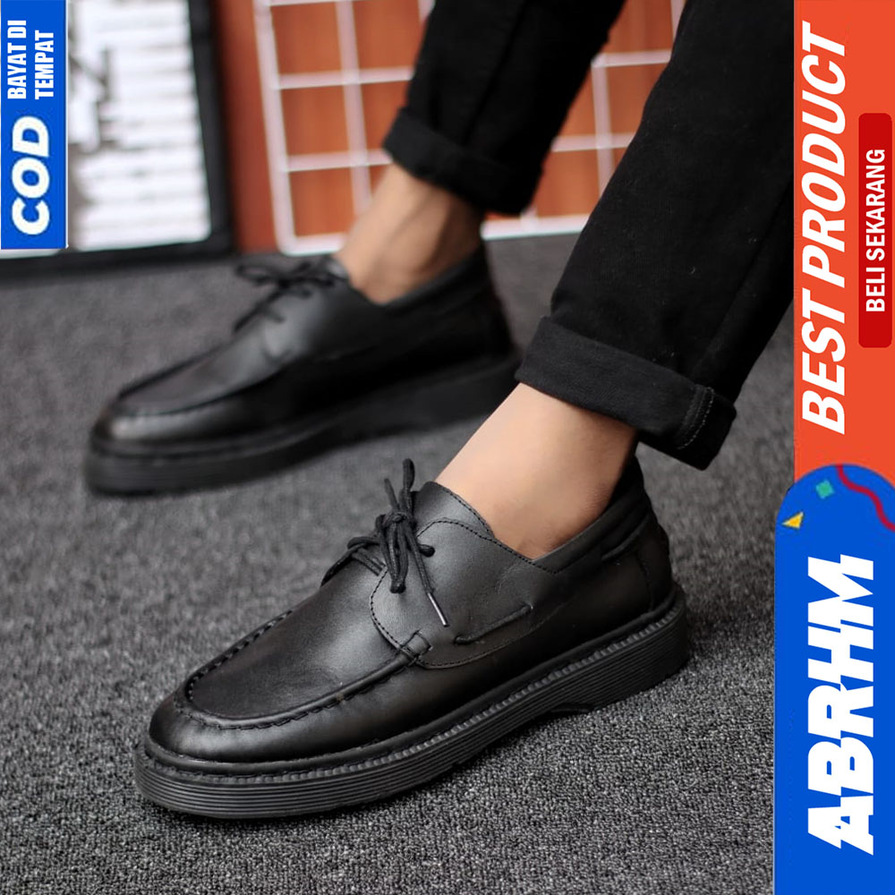 ABRHM Sepatu Formal Pantofel Docmart Kulit Asli Kerja Pria Hitam Shiro