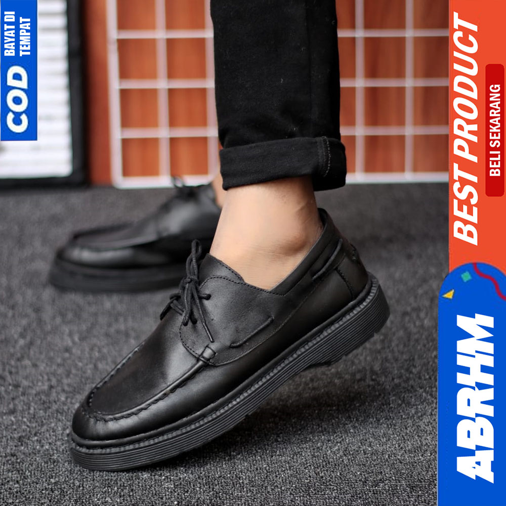 ABRHM Sepatu Formal Pantofel Docmart Kulit Asli Kerja Pria Hitam Shiro