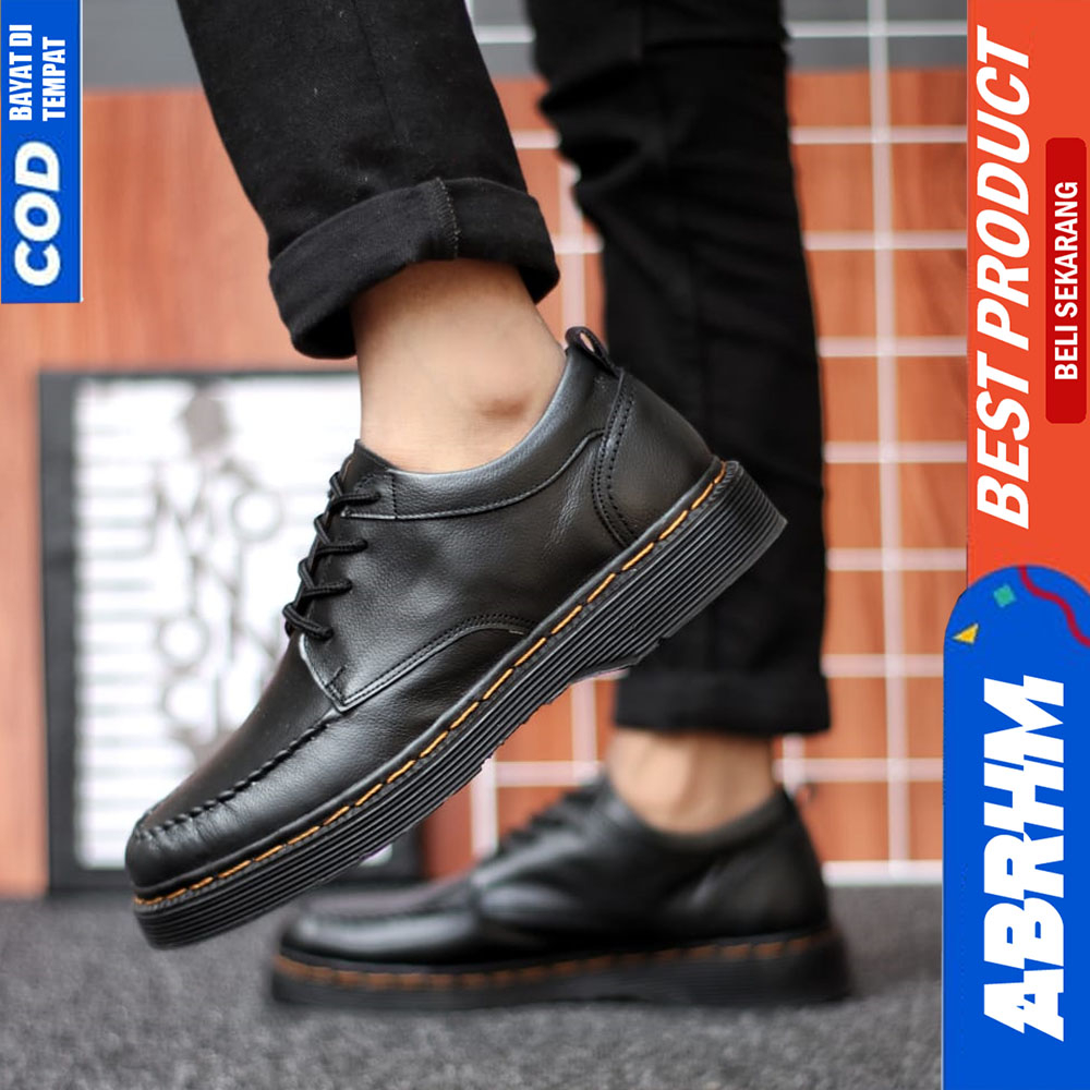 ABRHM Sepatu Formal Pantofel Pria Casual Kulit Asli Docmart Kerja Pria Hitam Kazuto