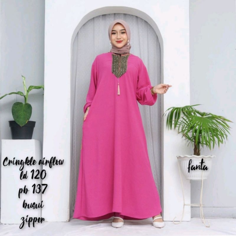 Gamis Crincle Airflow Premium Polos Wanita Dewasa Remaja Jumbo All Size Busui Zipper Depan Ameena Dress Terbaru