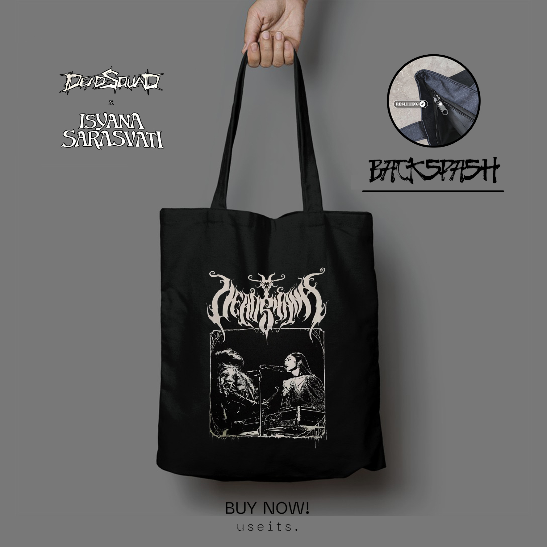 TOTEBAG ISYANA X DEADSQUAD CUSTOM HITAM PRIA DAN WANITA